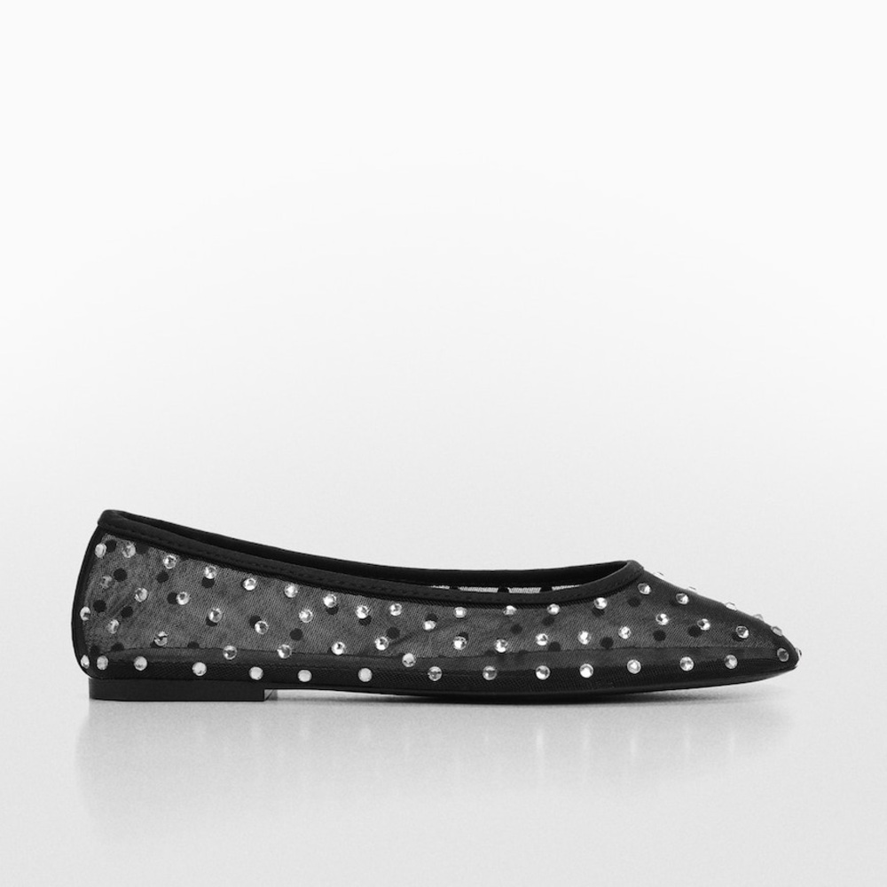 Mango Black Mesh Pointed Toe Flats with Silver Studs